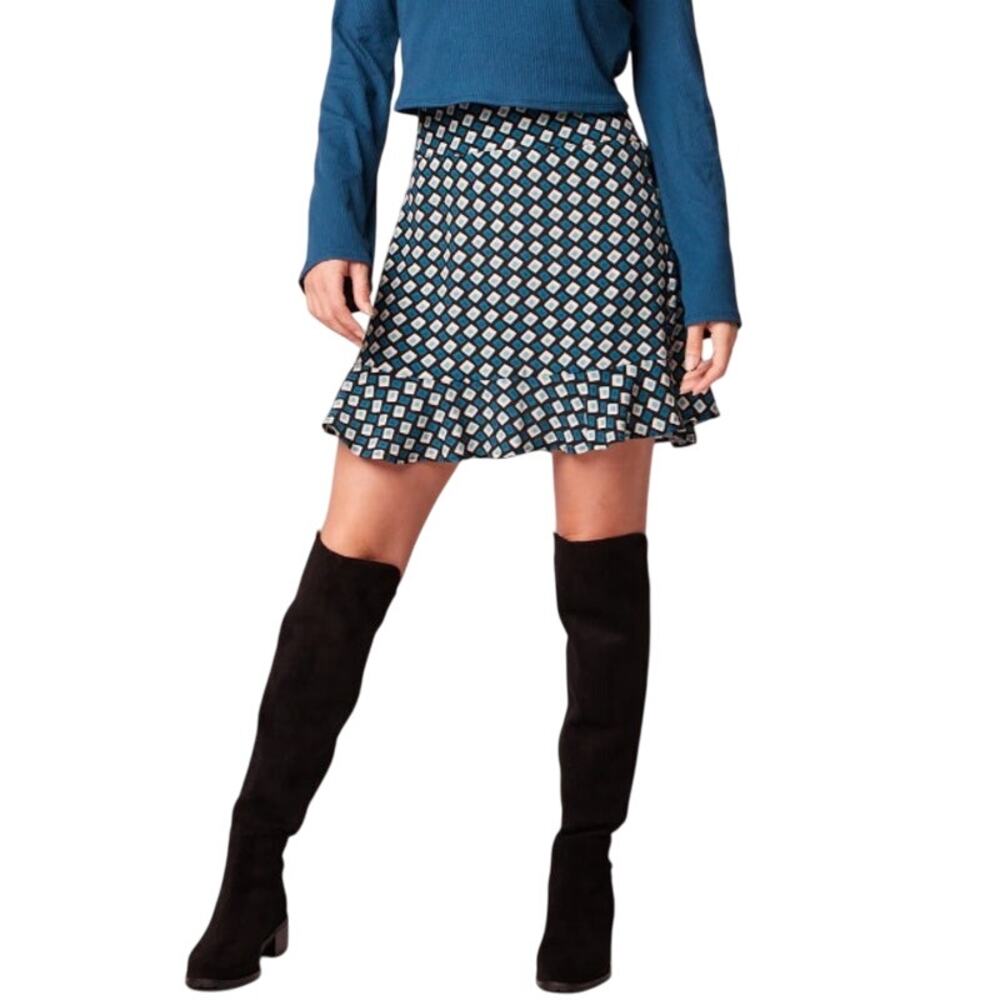 Band of the Free Colette Diamond Mini Skirt Ruffle Hem Black Teal Medium New